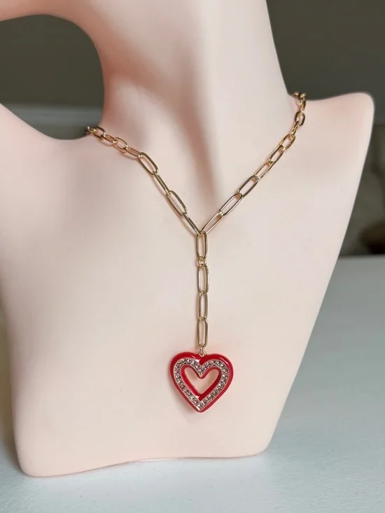 Gold Chain Necklace with Red Heart Pendant - Picture 1 of 7